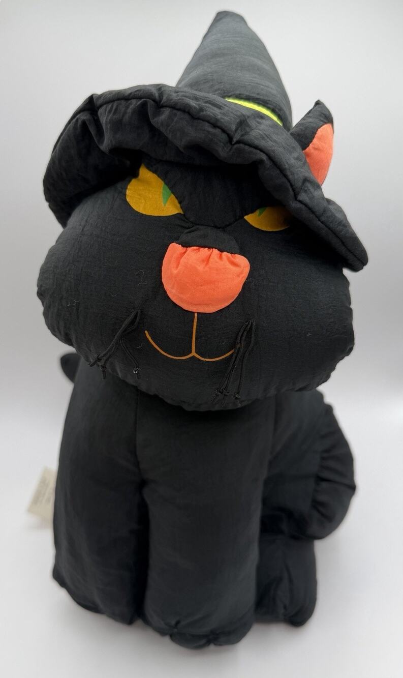 Vtg Stuffins Black Cat Plush 1990 Halloween Nylon Witch Hat Yellow Eyes w/Tag
